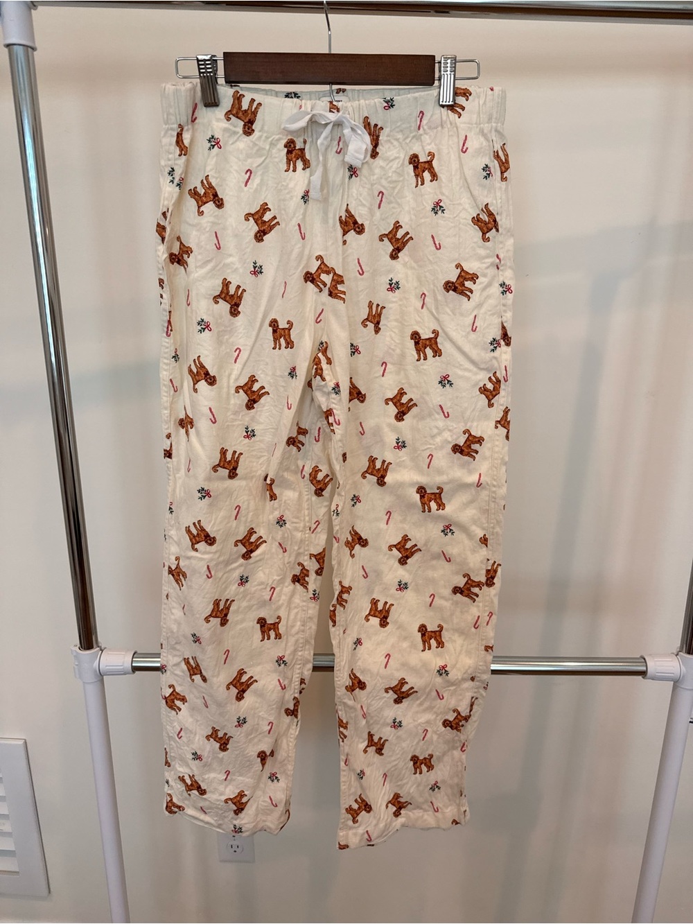 J. Crew Cream Pajama Pants with Brown Dog & Pink Candy Cane Motif